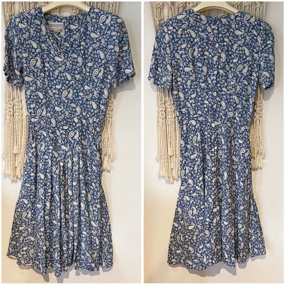 Vintage '80s ED Michaels Midi Dress - SZ Medium - Blue Tea Garden Floral Dress - Picture 1 of 8